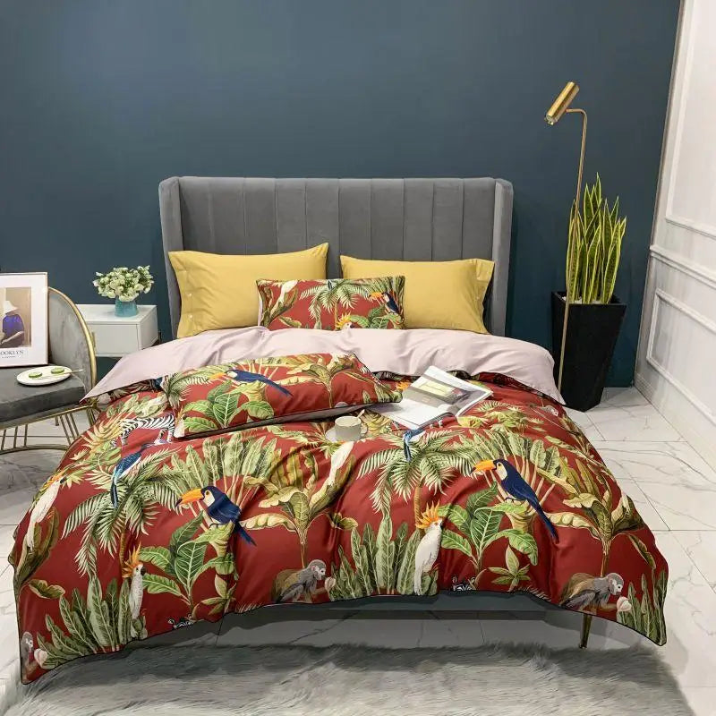 Red bedding set featuring exotic bird and leaf print, adding a vibrant touch of nature-inspired elegance to your bedroom. Perfect for creating a bold, tropical-inspired sleep space.