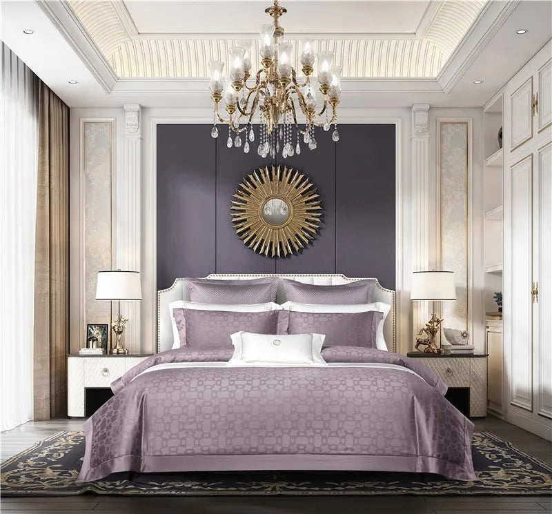 Luxurious Grand 4-Piece Jacquard Bedding Set in purple, featuring a sophisticated Jacquard weave crafted from 1000-thread count Egyptian cotton. The bedding set enhances the luxury bedroom with its incredibly soft, silky texture and refined elegance. Perfect for creating a serene, opulent atmosphere, this bedding set offers both comfort and timeless style, elevating your sleep space to perfection.