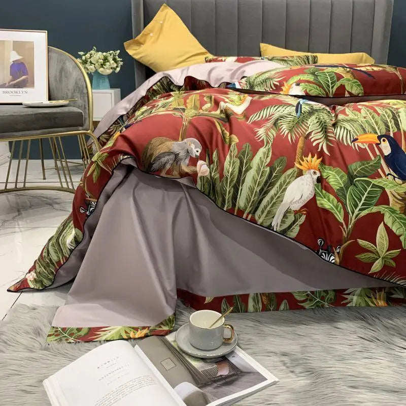 Solid gray flat bed sheet from the Elysian Garden Bedding Set, nestled under an unmade duvet, highlighting the luxurious, soft fabric and elegant design of this serene and sophisticated collection. Perfect for a modern, tranquil bedroom atmosphere.