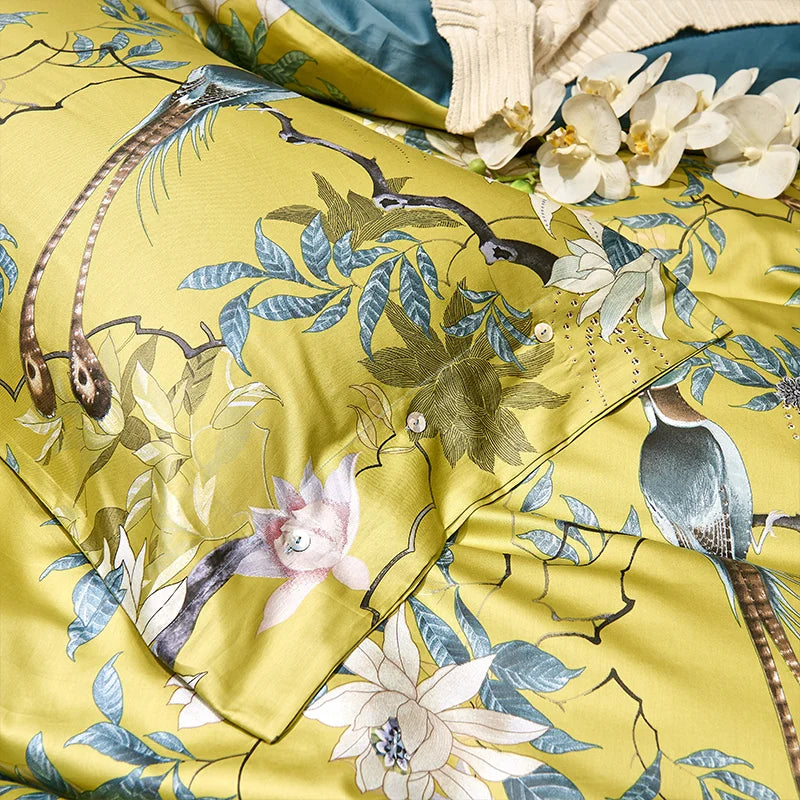 Close-up of yellow printed pillowcase from the Imperial Bloom Bedding Set, showcasing its vibrant color and intricate design, adding a touch of elegance and style to your bed.