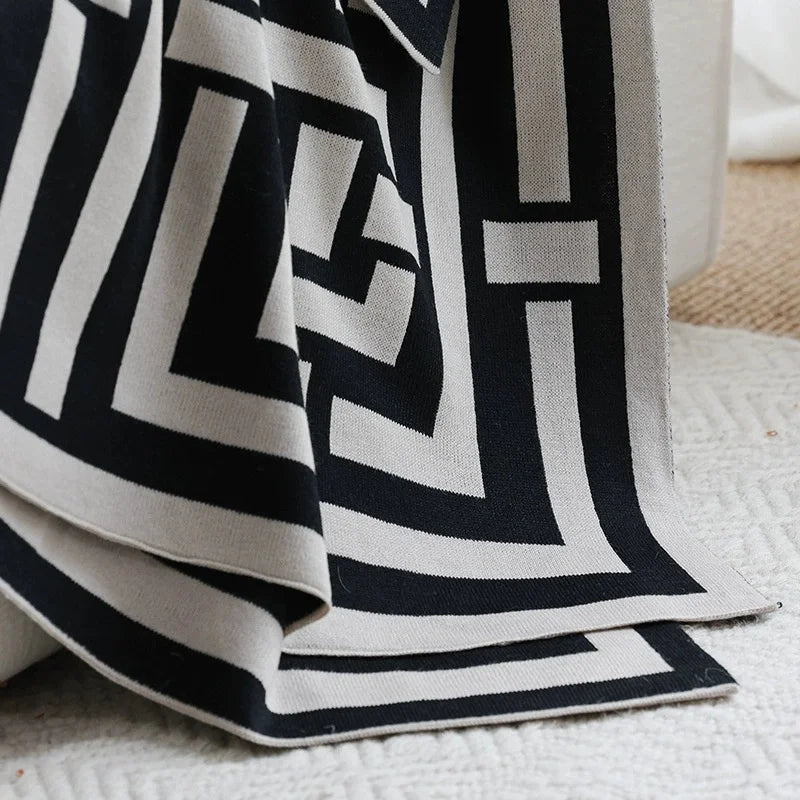 Geometric Black & White Knitted Throw Blanket