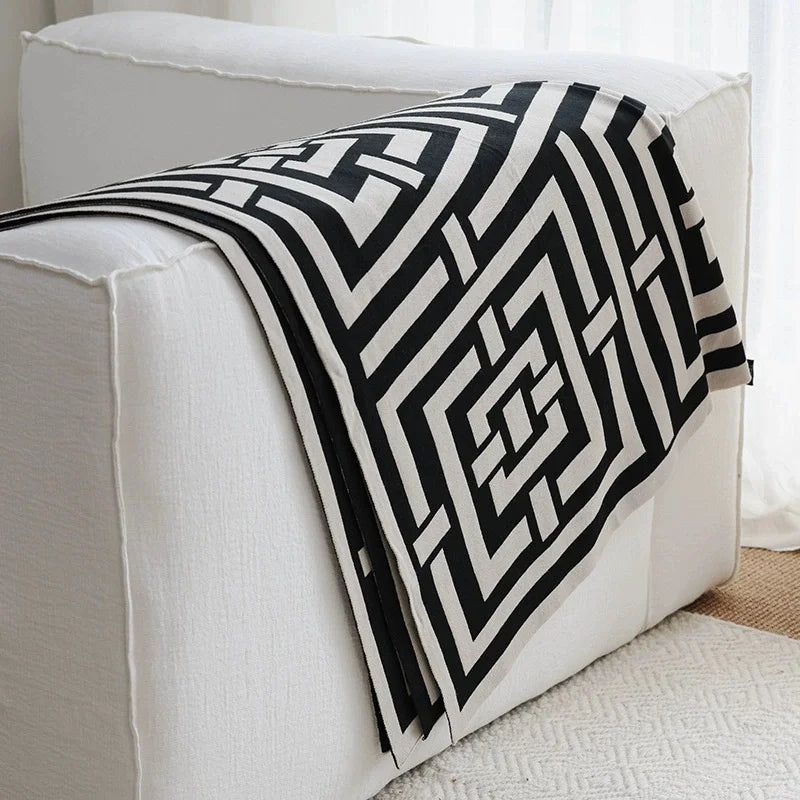 Geometric Black & White Knitted Throw Blanket