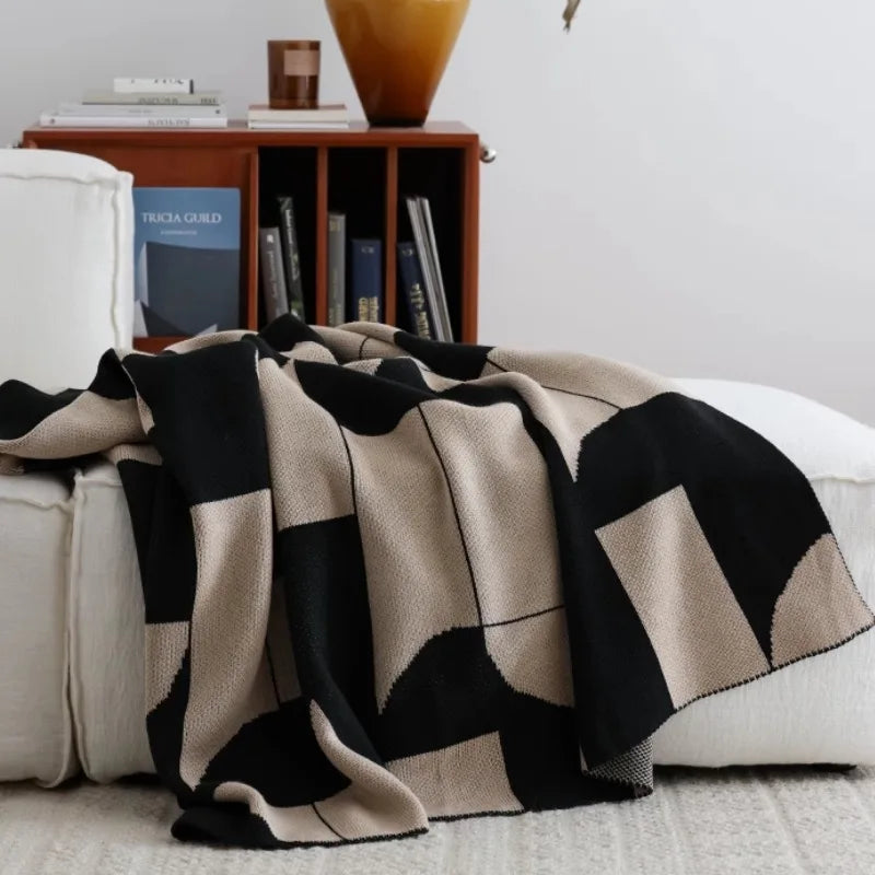 Geometric Black & Beige Knitted Throw Blanket