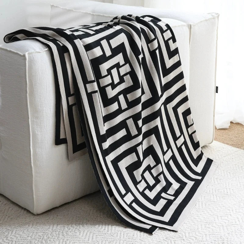 Geometric Black & White Knitted Throw Blanket