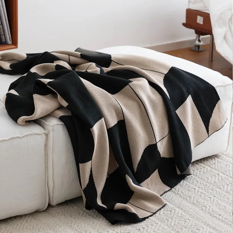 Geometric Black & Beige Knitted Throw Blanket