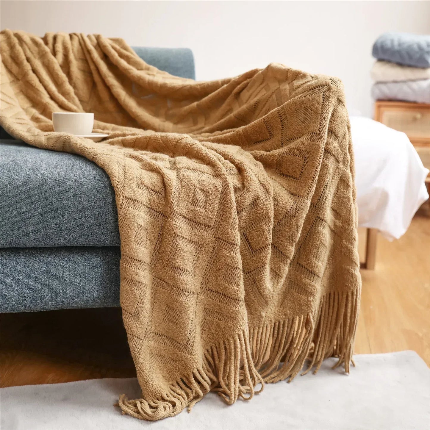 Waffle Knit Fringed Throw Blanket