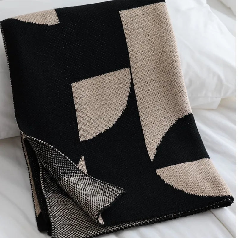 Geometric Black & Beige Knitted Throw Blanket