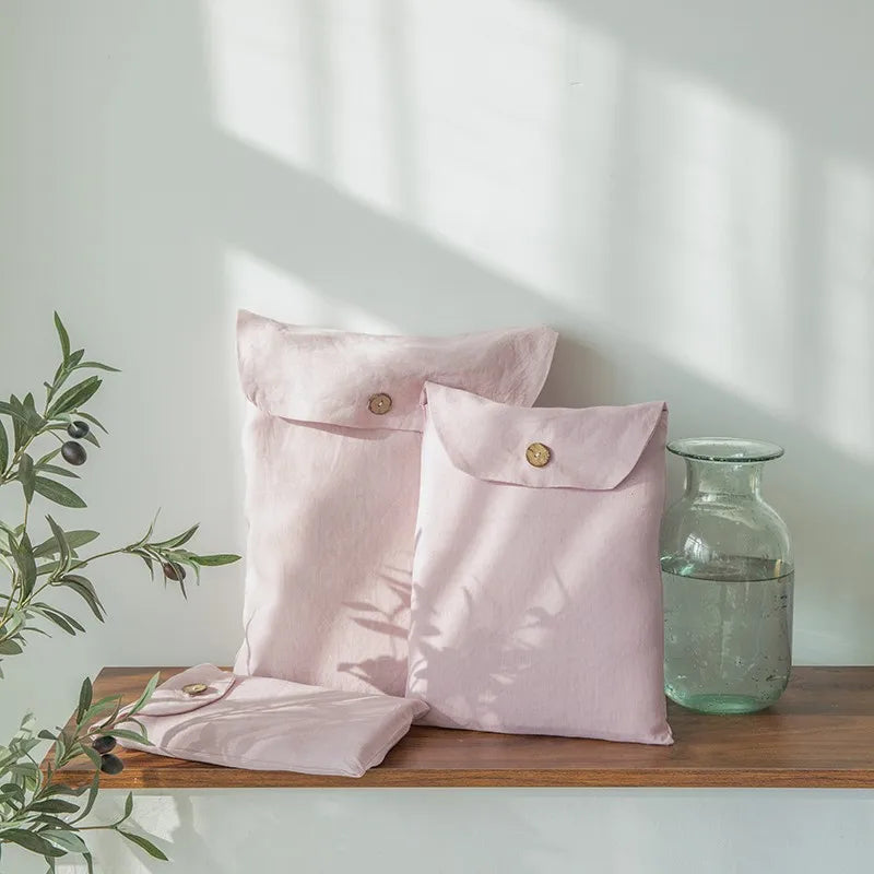 Close-up of Linené French Linen bedding pouch in Rose Color, showcasing the soft, luxurious linen fabric and neatly crafted design.