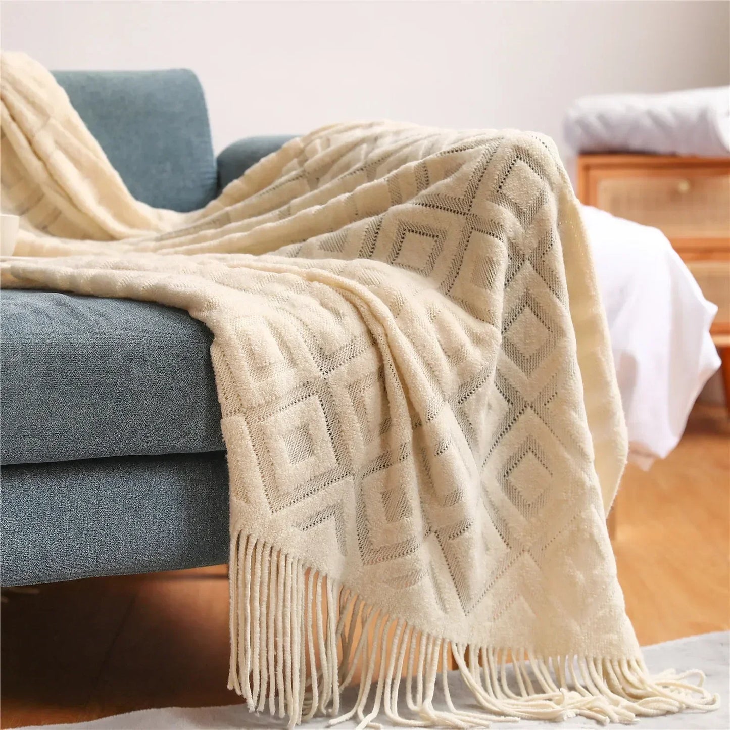 Waffle Knit Fringed Throw Blanket