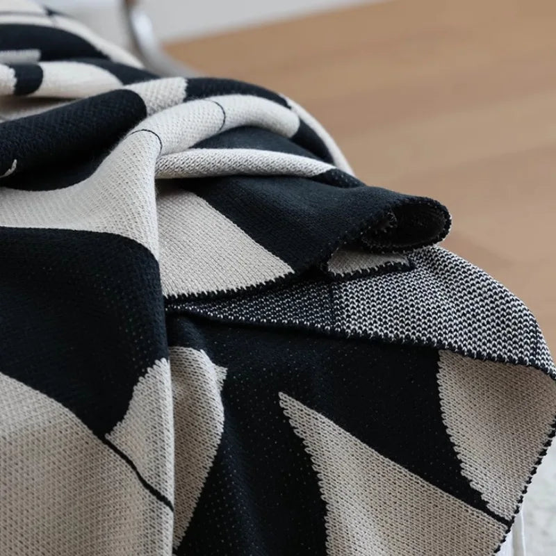 Geometric Black & Beige Knitted Throw Blanket