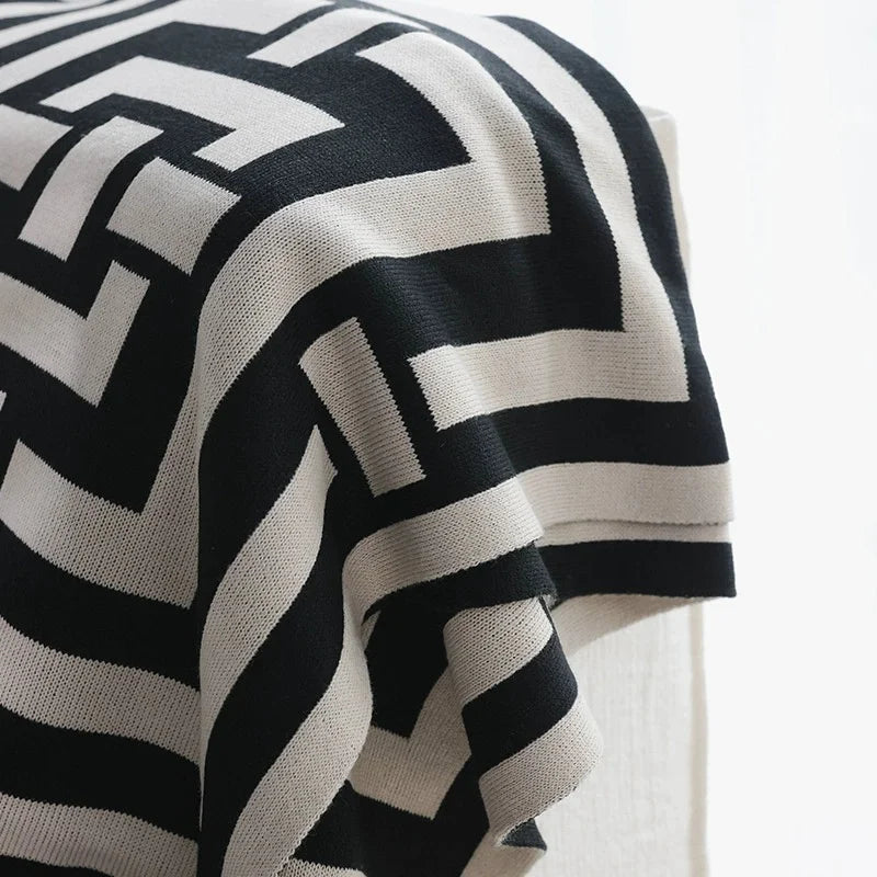 Geometric Black & White Knitted Throw Blanket