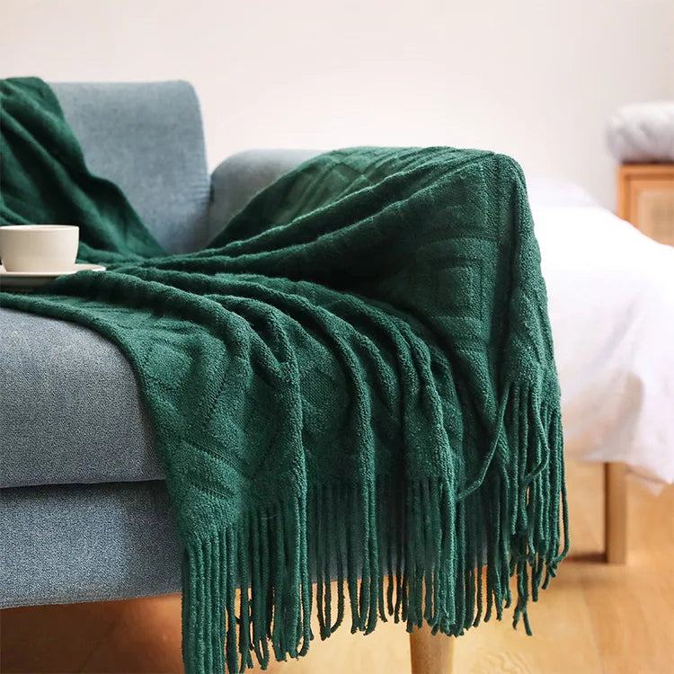 Waffle Knit Fringed Throw Blanket