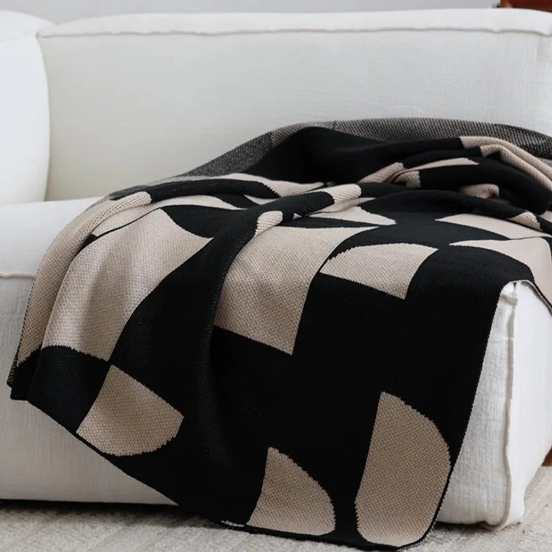 Geometric Black & Beige Knitted Throw Blanket