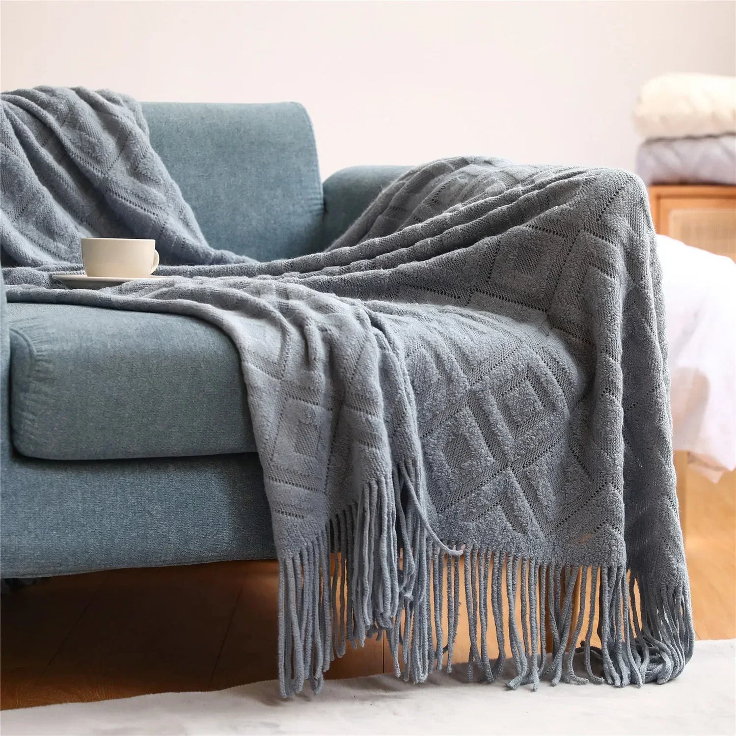 Waffle Knit Fringed Throw Blanket