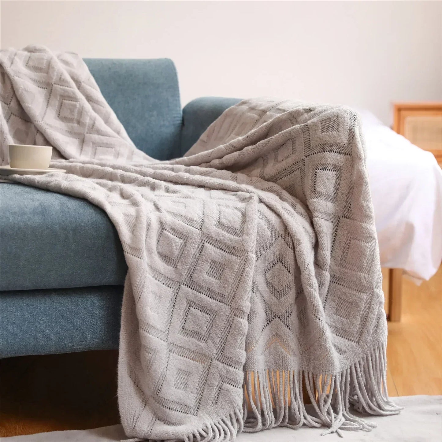 Waffle Knit Fringed Throw Blanket