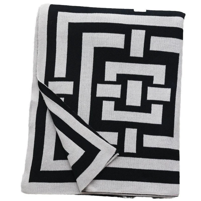 Geometric Black & White Knitted Throw Blanket